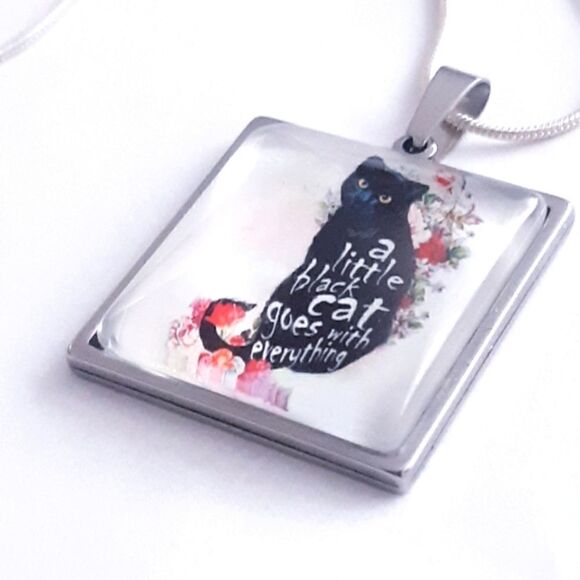 Black Cat Hand Crafted Stainless Steel Charm Stamped Sterling Silver Necklace - Picture 6 of 7